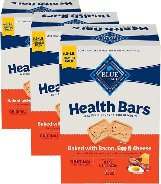 Blue Buffalo Health Bars Crunchy Dog Biscuits, Oven-Baked with Natural Ingredients, Bacon, Egg & Cheese, 3.5-lbs Box (Pack of 3)