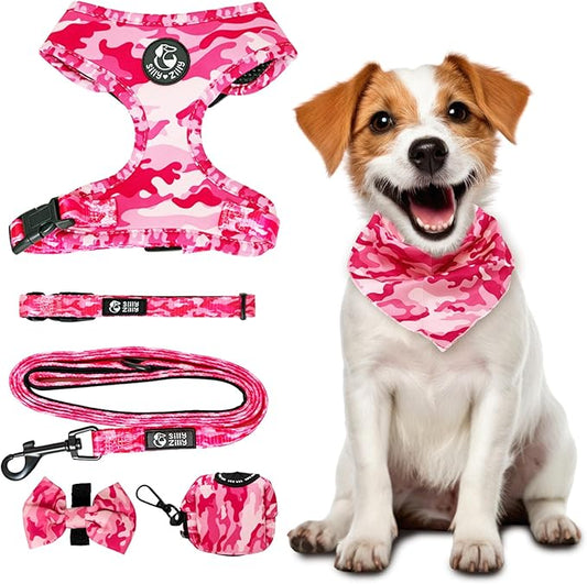 No Pull Harness and Leash Set - 6-in-1 Adjustable Vest Harness and Collars for Medium and Large Dogs. (Military Pink, Extra Small)