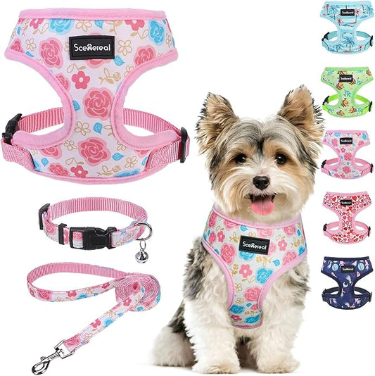 SCENEREAL Small Dog Harness Collar and Leash Set, Adjustable No Pull Pet Harnesses, No Chock Soft Mesh Step in Vest for Doggie Puppy Medium Dogs Cats Girl or Boy,Chihuahua, Yorkie, Outdoor Walking
