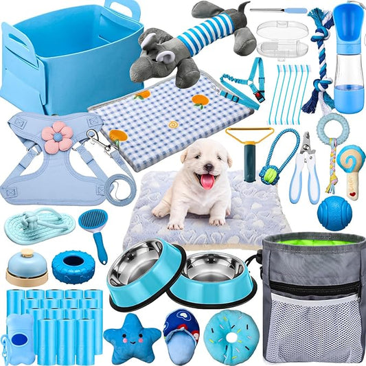 Abbylike 50 Pcs Puppy Supplies Starter Kit for Small Dogs Puppy Essentials Includes Leash, Bowls, Teeth Brushes, Water Bottle, and More Accessories for Dogs Pet Day Welcome Gift(Blue)