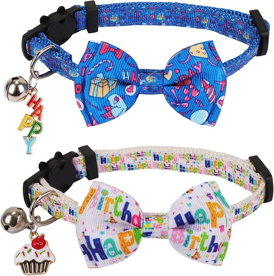ADOGGYGO Birthday Cat Collars with Bow Bell, Breakaway White Blue Happy Birthday Bowtie Collars for Cats Kittens
