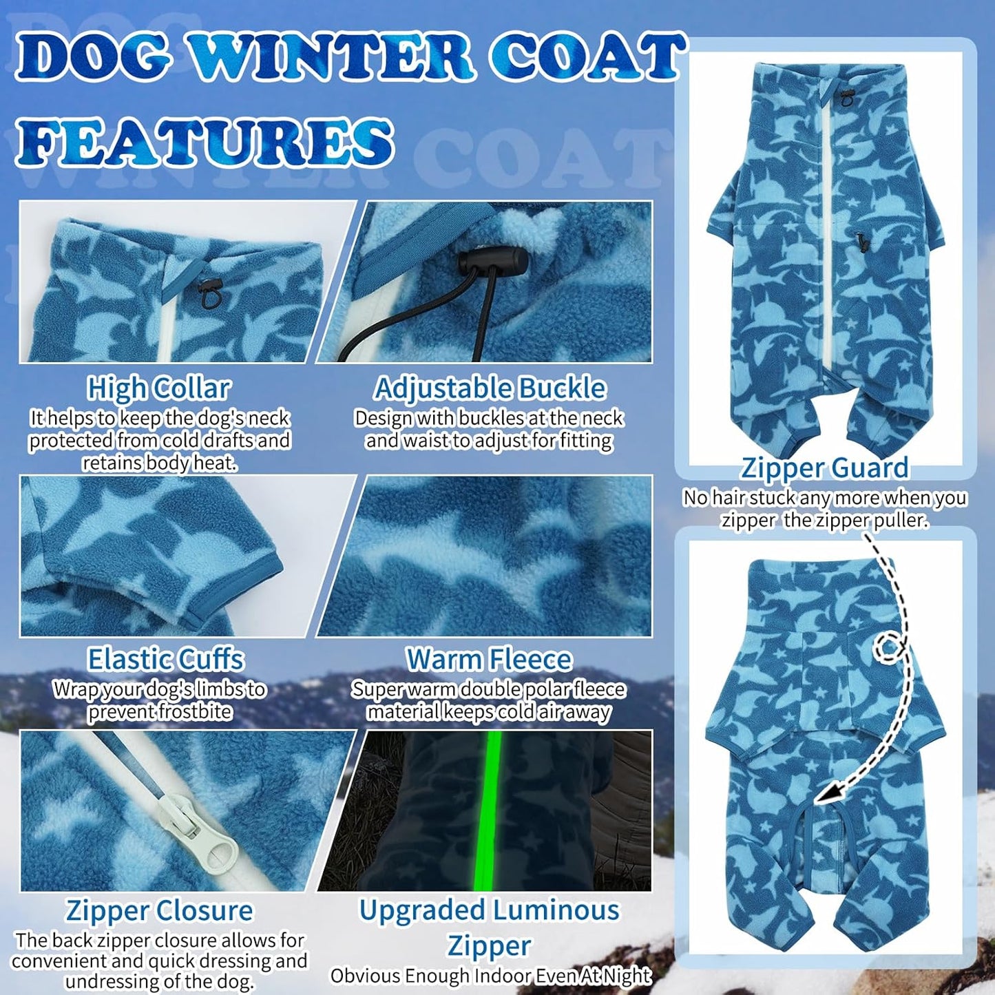 ROZKITCH Pajamas for Dogs Large, Pet Windproof Warm Cold Weather Jacket Vest with Luminous Zipper, Jumpsuit Apparel Outfit Clothes for Large Giant Dog Shark 3XL