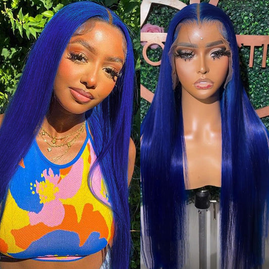 Missyvan Blue Lace Front Wig Synthetic Long Straight Royal Blue Color Hair Wig Glueless Lace Wig Light Yaki Straight Wigs 32 Inc