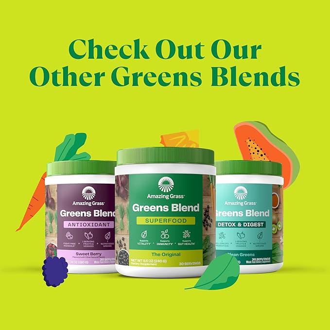 Amazing Grass Greens Superfood Powder: Greens Powder with Digestive Enzymes & Probiotics, Organic Spirulina, Chlorella, and Beet Root Powder, Berry, 30 Servings (Packaging May Vary)
