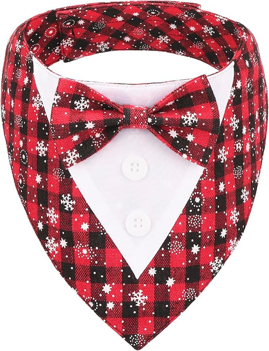 ADOGGYGO Christmas Dog Tuxedo Bandana, Red Plaid Pet Chritstmas Tux with Bowtie Adjustable Christmas Formal Costume for Small Dogs Pets (S)