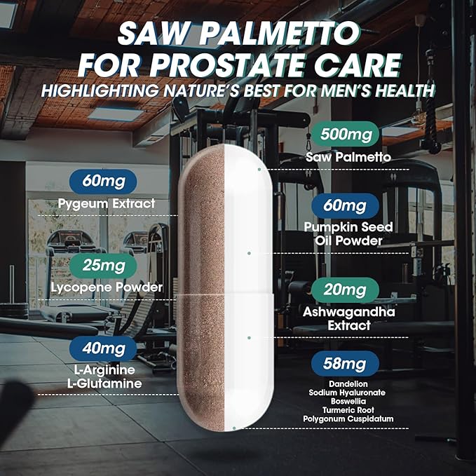 Saw Palmetto for Men 500mg - Prostate Support, Urinary & Hair Health Supplement with Pumpkin Seed Oill, Pygeum - Herbal Complex for Men's Wellness, Vegan Formula, 120 Capsules