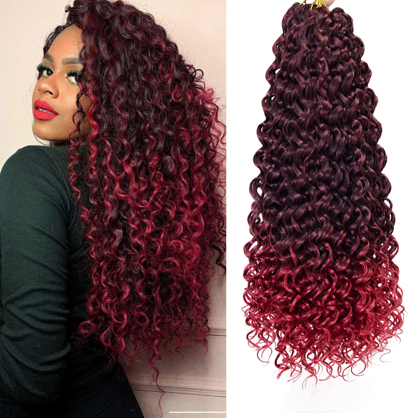 Gogo Curl Crochet Hair 18Inch Beach Curl Bohemian Crochet Hair Braids Ombre Red Deep Wave Braiding Hair Extensions (5Packs,1B/Bu