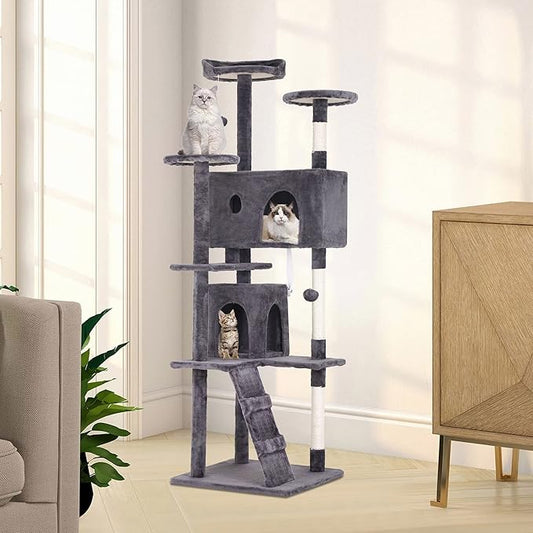 70 Inch Light Gray Cat Tree, Tall Cat Tower with 2 Condos, 3 Scratching Posts, Multi-Level Platforms - Sturdy Climbing Structure Tall Cat Tower for Indoor Cats