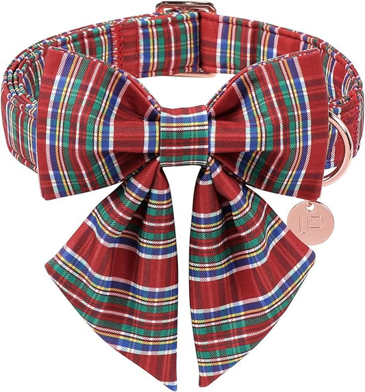 Christmas Plaid Dog Collar with Bow, Red and Blue Check Adjustable Pet Collar with Quick Release, Christmas Stripes Bowtie Collar for Small Medium Large Dogs XS