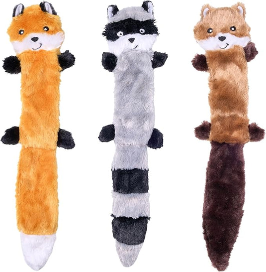 ZippyPaws Skinny Peltz - No Stuffing Dog Toy Pack to Keep Them Busy, for Medium and Large Dogs, Squeaky Pet Toys, Unstuffed Chew Toys, Soft Plush Variety Pack, Fox, Raccoon, and Squirrel - 18"