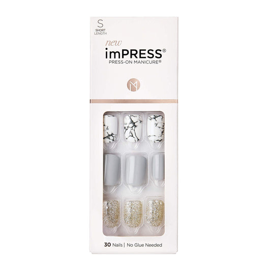 Impress Design, Press On Nails, Knock Out, Gray, Short, Size, Squoval, Shape, Includes 30 Nails, Prep Pad, Instructions Sheet, 1