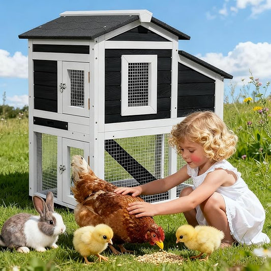 Chicken Coop Bunny Cage Outdoor with Waterproof Roof, Wooden Rabbit Hutch Poultry Cage with Nesting Box, Indoor Hen House Chicken Cage with Ramp for Garden Backyard