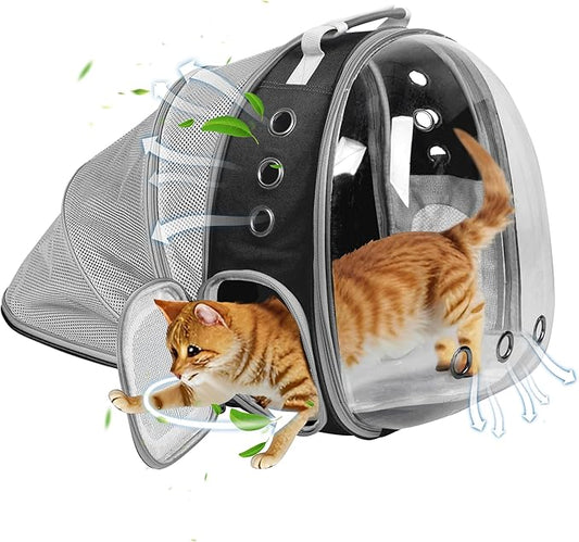Cat Backpack Carrier Back Expandable Bubble Pet Carrier Backpack for Large Cat, Kitten and Dog, Designed for Hiking, Travelling and Outdoor Use (Back Expandable-Black)