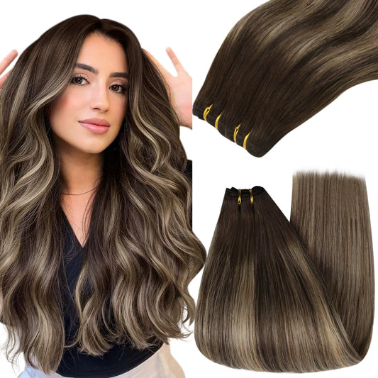 Youngsee 130G Weft Hair Extensions 24 Inch Balayage Sew In Human Hair Extensions Dark Brown Fading To Caramel Blonde Mix Brown B