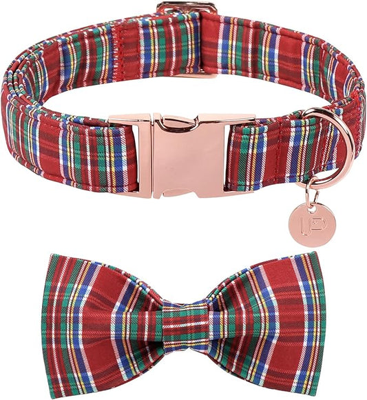 Christmas Plaid Dog Collar with Bow, Red and Blue Check Adjustable Pet Collar with Quick Release, Christmas Stripes Bowtie Collar for Small Medium Large Dogs XL