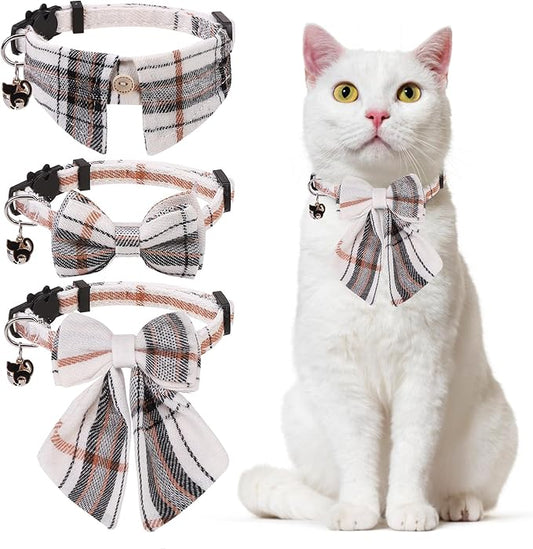 Cat Collar with Bells Breakaway, Bowtie Cat Collar for Boy Girl Cats with Removable Shirt Collar, Cute Plaid Kitten Collar with Bell & Pendant Adjustable, 3 Pack Beige Cat Collars