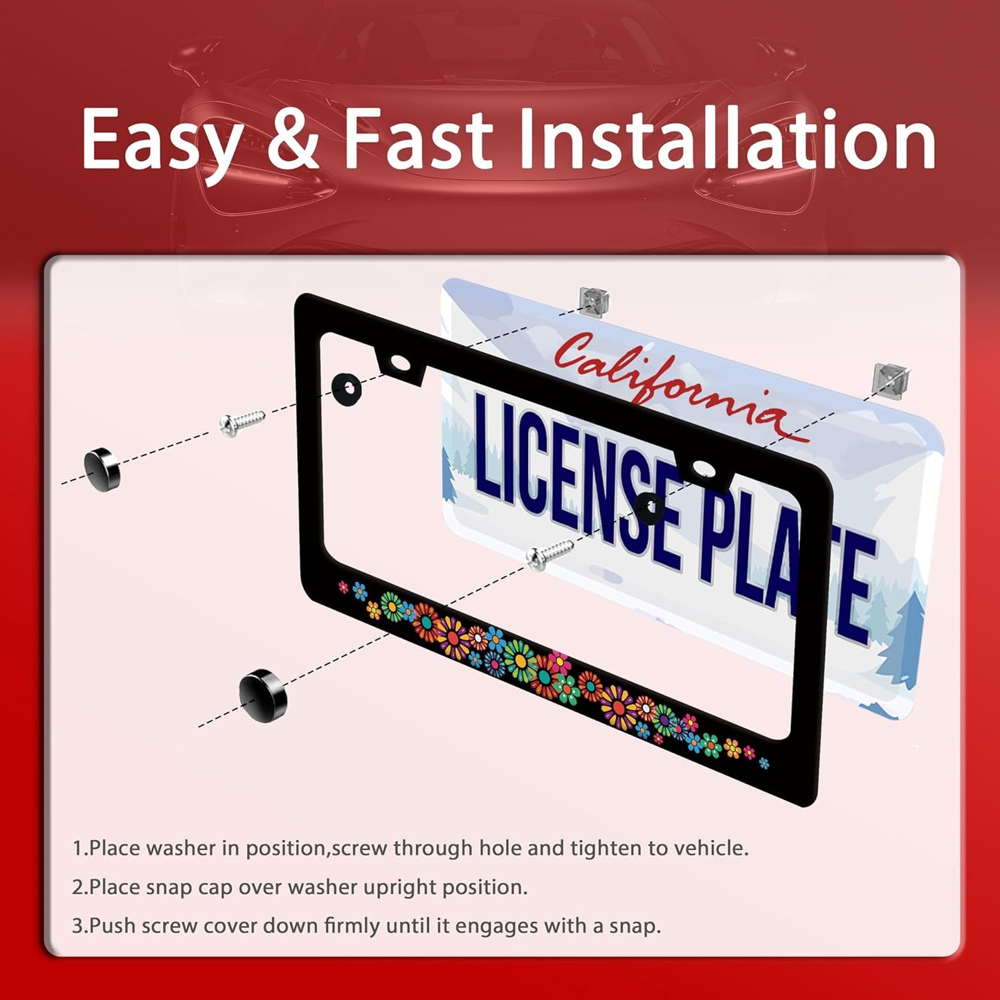 Colorful Hippie Flowers License Plate Frame Beautiful Floral License Plate Frames Stainless Steel Accessories Cars Decor with 2 Holes and Screws Fits Standard US CA Vehicles Size 12.2 x 6 Inches