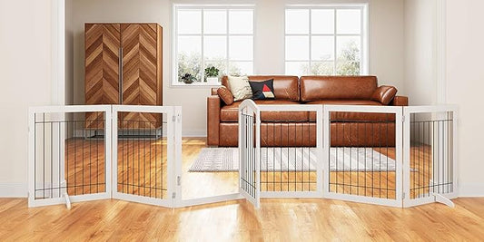 PAWLAND 144-inch Extra Wide 30-inches Tall Dog gate with Door Walk Through, Freestanding Wire Pet Gate for The House, Doorway, Stairs, Pet Puppy Safety Fence, Support Feet Included, White,6 Panels