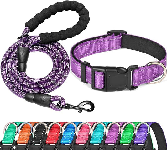 Reflective Dog Collar Padded with Soft Neoprene Breathable Adjustable Nylon Dog Collars for Small Medium Large Dogs (X-Small (Pack of 1), Purple Collar+Leash)