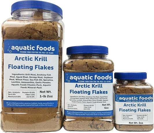 Aquatic Foods Inc. Arctic Krill Flakes with Natural Carotenoids & Astaxanthin to Enhance The Vibrant Colors of Fish, for All Tropical and Marine Fish Also Pellet Mix, Wafer Mix Included…1-lb 2oz