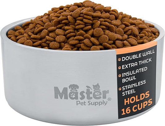 Master Pet Supply Stainless Steel Dog Bowls - 128 oz, Heavy Duty - Stainless Steel, Double Wall Extra-Thick Insulated, Non-Slip Pet Water Bowl for Dogs, Cats & Pets, Anti Rust Metal, Dish Washer Safe