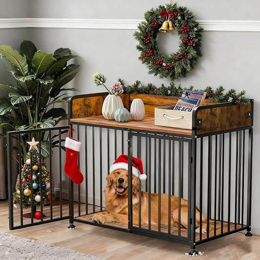 42 in Dog Crate Furniture, Medium Dog Kennel Indoor, Large Dog Kennel Indoor for Large Breed, Wooden Dog Cage Table Decorative for Small, Medium, Dog (Brown Wood & Black)