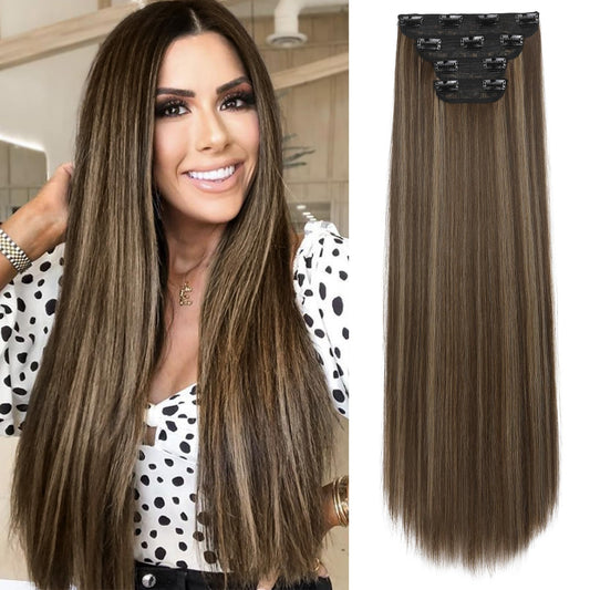 Reecho 20'' Straight Long 4 Pcs Set Thick Clip In On Hair Extensions Chocolate Brown With Highlights