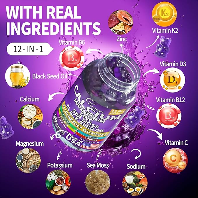 Calcium Magnesium Zinc Supplement Gummies Sugar Free for Women and Men Calcium Gummies Supplement Bone & Immune Support Made in USA 60 Counts Blueberry Flavor