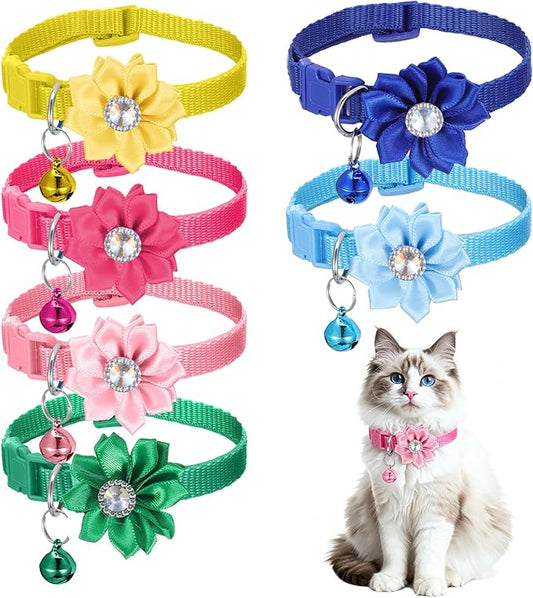 6 PCS Cute Cat Collar Breakaway with Bell, Adjustable Flower Girl Cat Collars, Rhinestone Kitten Collar Breakaway with Bells, Solid Color Cats Bell Collars, 6 Colors