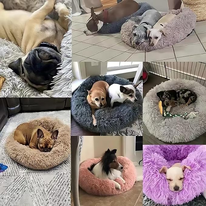 Calming Dog Bed for Small Dogs, Calming Donut Cuddler Pet Bed Anti Anxiety Round Dog Bed Fluffy Plush Faux Fur Cat Bed,Khaki,19.7IN