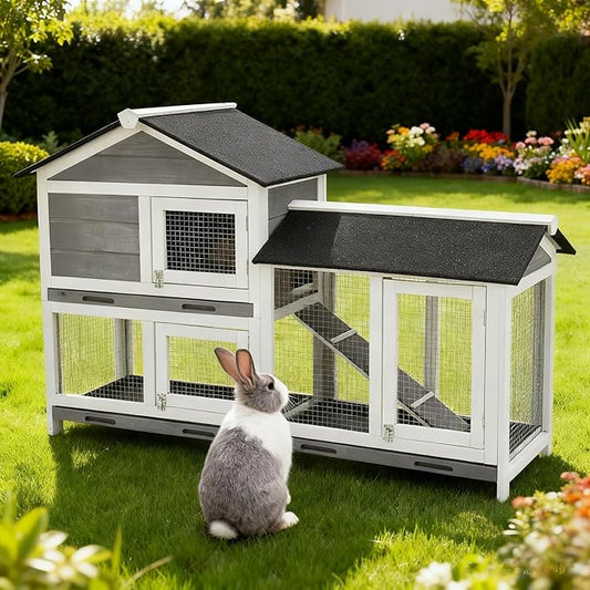 63 in Bunny Hutch Indoor Bunny Cage, with 3 Leak-Proof Removable Trays, Wooden Waterproof Roof Rabbit Hutch Indoor/Outdoor, 2-Tier Bunny House/Chicken Coop, Gray and Black