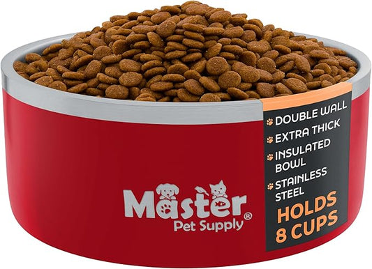 Master Pet Supply Stainless Steel Dog Bowls - 64 oz, Heavy Duty - Crimson Flame, Double Wall Extra-Thick Insulated, Non-Slip Pet Water Bowl for Dogs, Cats & Pets, Anti Rust Metal, Dish Washer Safe