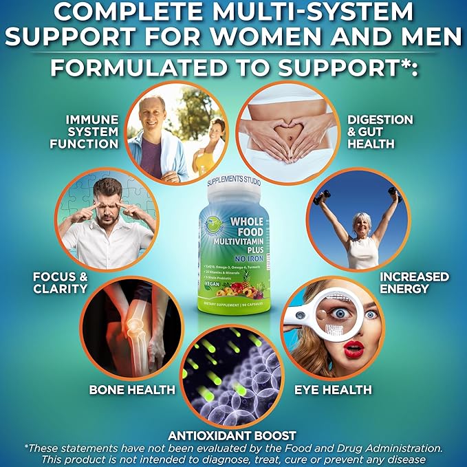 Vegan Whole Food Daily Multivitamin Without Iron, Methylated Multivitamin for Women and Men, Made with Fruits & Vegetables, B-Complex, Probiotics, Enzymes, CoQ10, Omegas, Turmeric, Non-GMO, 90 Count