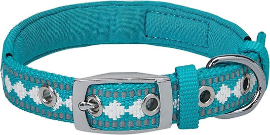 Blueberry Pet Reflective Jacquard Dog Collar with Neoprene Padding & Metal Buckle | Soft & Adjustable Safety Collar - Peacock, Neck 9-12.5", for Small Breed