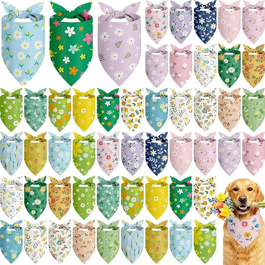 Abbylike 50 Pieces Spring Dog Bandanas Bulk Flower Daisy Sunflower Dog Bandanas for Pets Triangle Kerchief Scarf Bibs for Spring Pets Dogs Party Costume Accessories, 25 Styles (25.6 x 17.7 x 17.7)