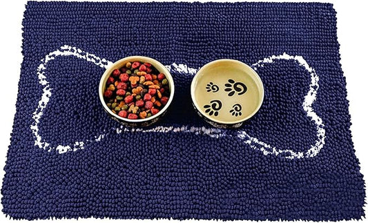 Soggy Doggy Slopmat Dog Food Mat – Absorbent Microfiber Chenille Pet Feeding Mat for Food & Water Bowls, Muddy Paws Small Doormat, Non-Slip, Machine Washable Rug – Navy Blue/Oatmeal Bone, 18” x 24”