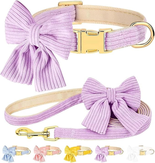 Dog Collar and Leash Set with Bowtie, Girl Dog Collars Metal Buckle Adjustable for Small Medium Dogs (Purple, M: Neck 13"-22" Leash 5 FT)