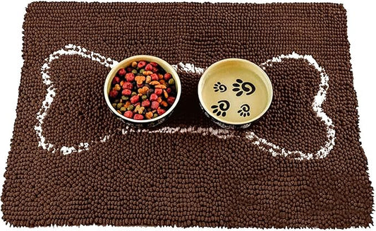 Soggy Doggy Slopmat Dog Food Mat – Absorbent Microfiber Chenille Pet Feeding Mat for Food & Water Bowls, Muddy Paws Small Doormat, Non-Slip, Machine Washable Rug – Chocolate/Oatmeal Bone, 18” x 24”