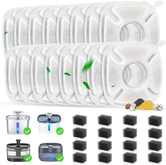 32 Pack Cat Water Fountain Filters, 16 Pcs Replacement Cats Fountain Filters & 16 Pcs Pre-Filter Sponges for 95oz/2.8L 135oz/4L 67oz/2L Automatic Pet Water Fountain Cat Dog Water Dispenser Filter