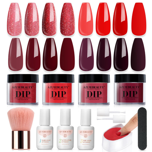 Azurebeauty Dip Powder Nail Kit,4 Colors Glitter Red Burgundy Rose Berry Dipping Powder System Liquid Set Recycling Tray With Ba