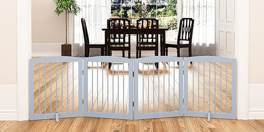 Freestanding Pet Gate for Dogs, Foldable Wooden Dog Gate for House, Indoor Dog Gate for Stair, Doorway, Gates for Dogs Indoor, 80 Inch Wide, 4 Panels 24", Grey