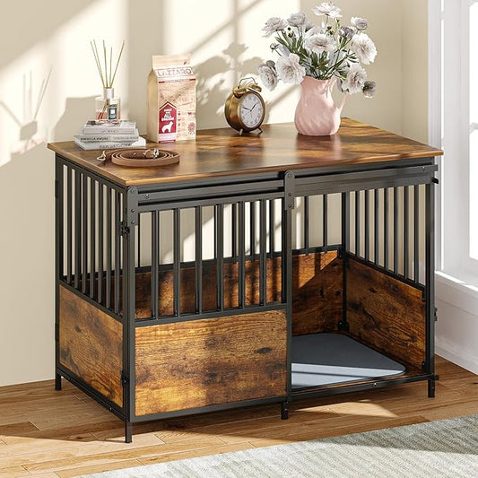 40 Inch Dog Crate Furniture with Cushion for Large Medium Dogs, Heavy Duty Dog Kennel with Double Doors, Decorative Indoor Pet Cage Side End Table with Sliding Door, Chew-Resistant, Brown