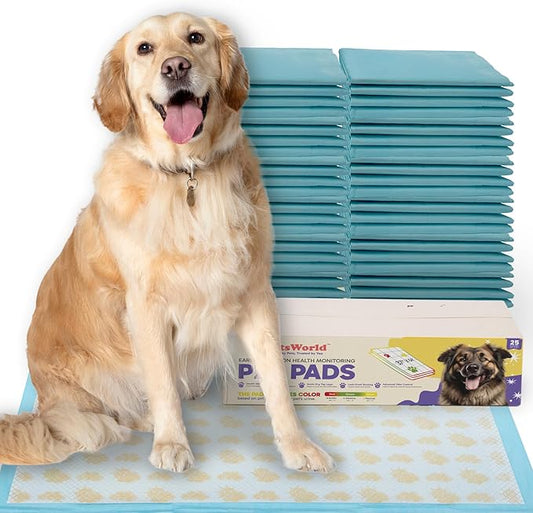 PetsWorld Health Monitoring Dog Pee Pads 37"x54" 25 Count – XXXL Color-Changing Pet Pee Pads for Dogs & Pets, Leak-Proof Super Absorbent Dog Training Pads with Odor Control