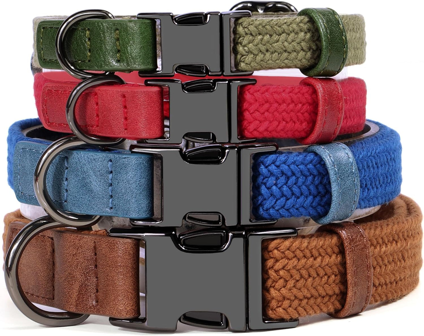 PET ARTIST Soft Cotton Dog Collars for Small Dogs in Stylish Green, Simple Dog Collar with Quick Release Metal Buckle & D Ring, S Size (10-16")