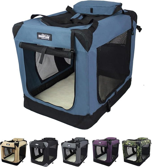 EliteField 3-Door Folding Soft Dog Crate with Carrying Bag and Fleece Bed (2 Year Warranty), Indoor & Outdoor Pet Home (36" L x 24" W x 28" H, Blue Gray)