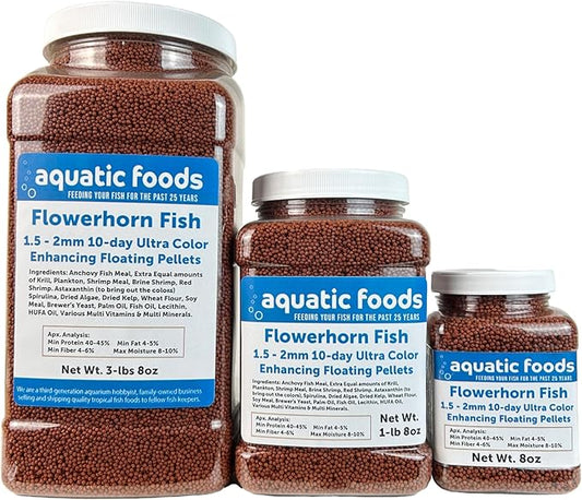 Aquatic Foods Inc. Flowerhorn Fish Ultra Red Color Enhancing 1.5mm-2mm Floating Pellets. Color Enhancing in 10-Days for Baby, Juvenile and Adult Flowerhorn…8oz Small Jar
