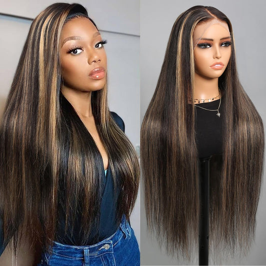Superlook Real Bleached Knots Highlight Lace Front Wigs Human Hair 220% Density Balayage Glueless Wigs Human Hair 24 Inch 13X4 O