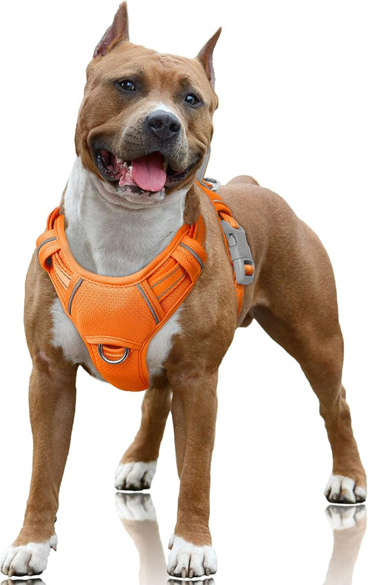 BARKBAY No Pull Dog Harness Large Reflective Dog Harness with Front Clip and Easy Control Handle for Walking Training Running with ID tag Pocket(Orange,L)