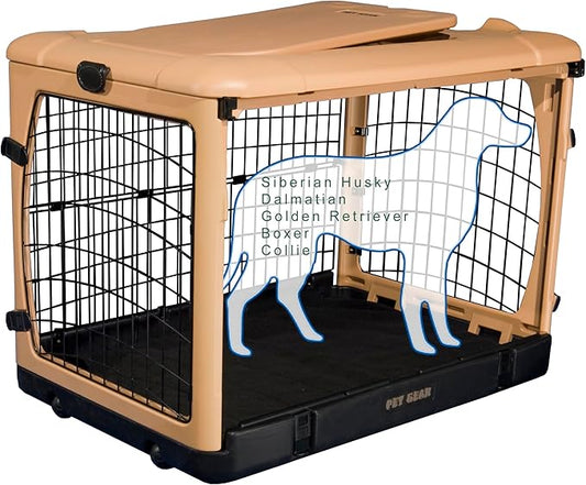 Pet Gear “The Other Door” 4 Door Steel Crate for Dogs/Cats with Garage-Style Door, Includes Plush Bed + Travel Bag, No Tools Required, Beige, 42 Inch