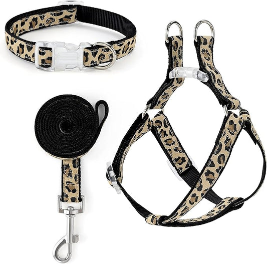Mile High Life Leopard Dog Harness Collar Leash Set, Adjustable No Pull Dog Halter Harness for Small Breed Dogs, Easy Control for Training Walking (Black, S Chest 11"-18", Neck 10"-14")